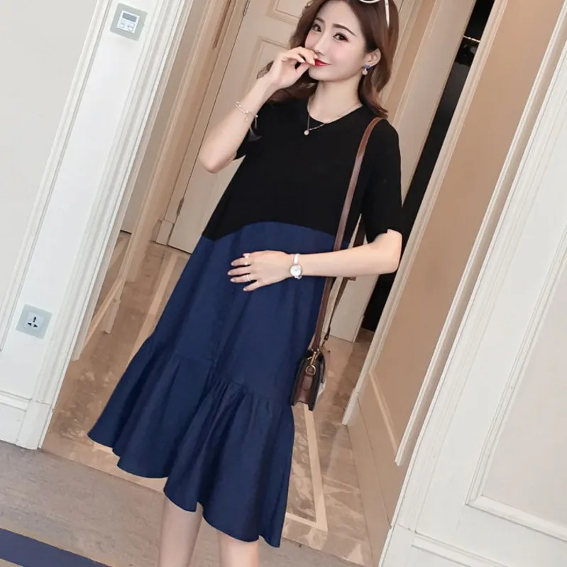 

Denim Patchwork Cotton Maternity Dress Summer Korean Fashion 3XL Clothes for Pregnant Women 4XL Pregnancy Clothing