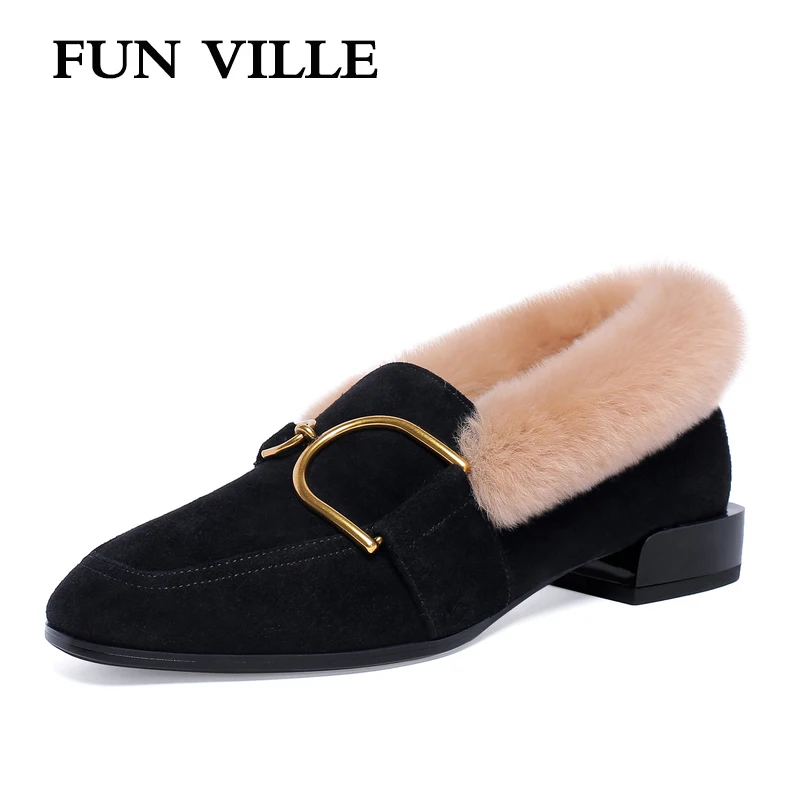 

FUN VILLE New Fashion British Style Women Ankle boots Natural Kid Suede Autumn Winter Boots Sexy Ladies Flats shoes Square Toe