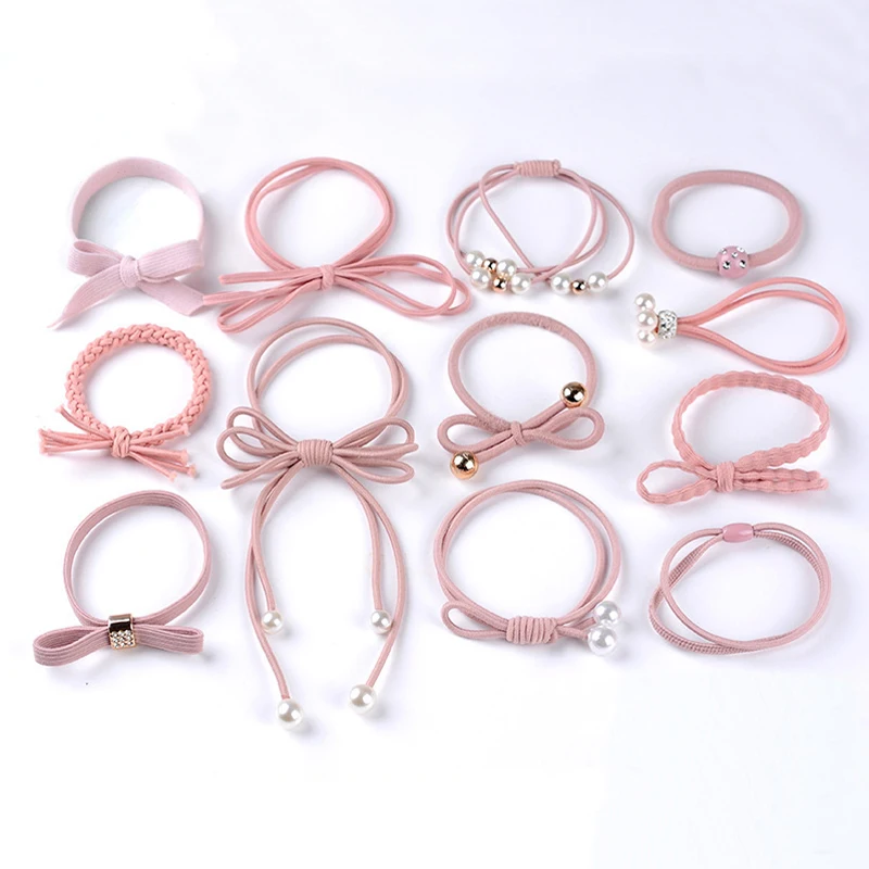 Pink 12 шт., сладкие конфеты, цветная лента для волос, бант, веревки для волос, кольцо, резиновые галстуки для волос, бант, эластичные женские аксессуары для волос, повязки для волос - Цвет: Pink
