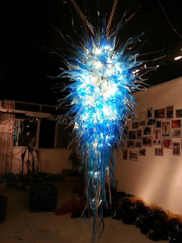 

Designer Luxury Blue Glass Crystal Chandelier Led Long Chandelier Lighting for Hotel Lobby or Stair