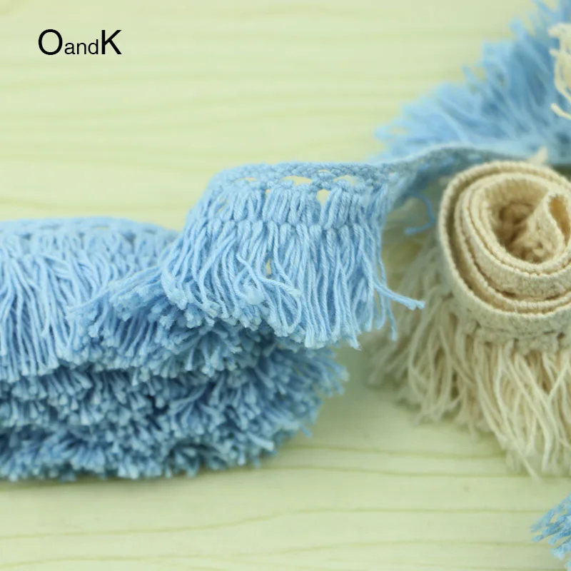 3 ярда Вязаная хлопковая кружевная лента с кисточками бежевого синего цвета