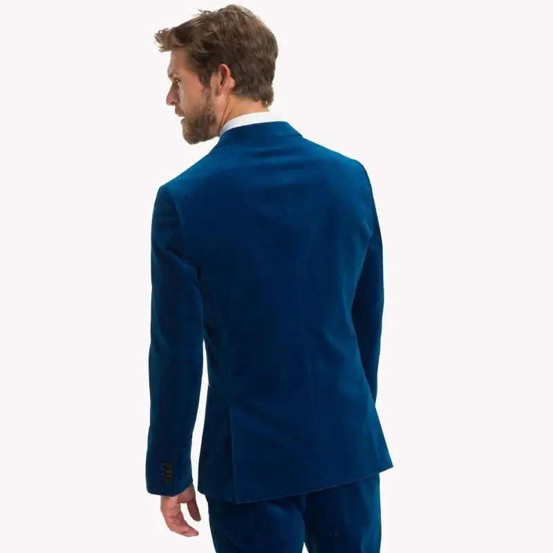 

Blue Velvet Men's Prom Dinner Tuxedos Coat Pants Double Vent Party Groom Suits