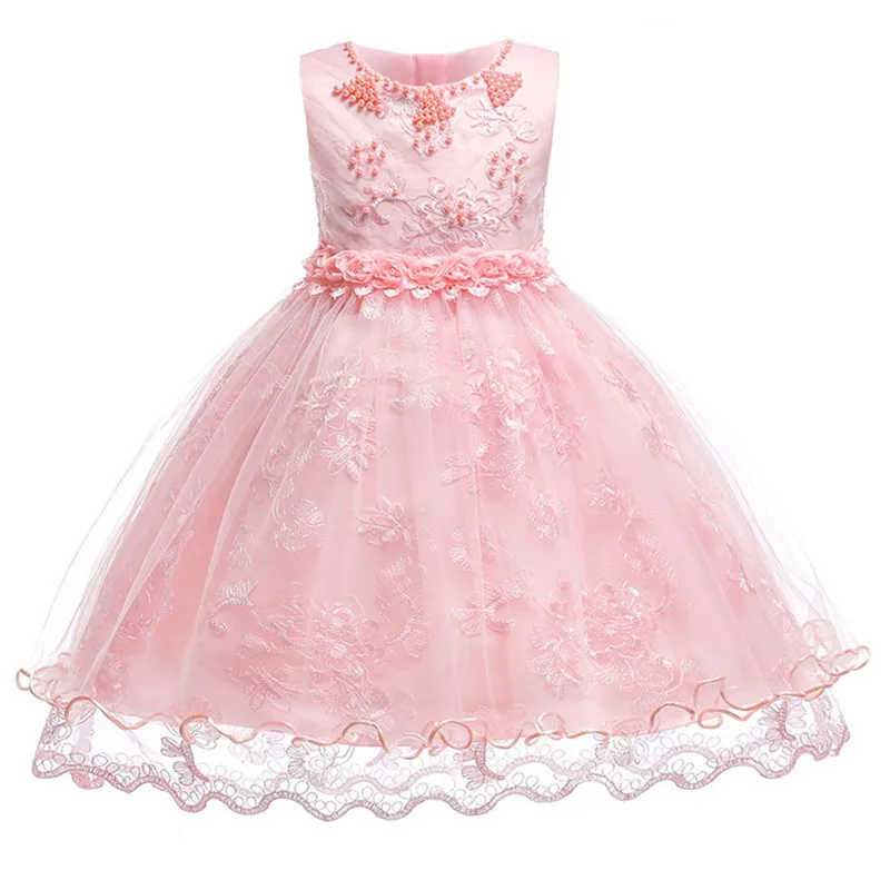 As picture Neonatal Baby Girl Dress for baptism 3-24M Baby Girls Dresses Vestido pearl flower sleeveless birthday tutu princess dress - Цвет: As picture