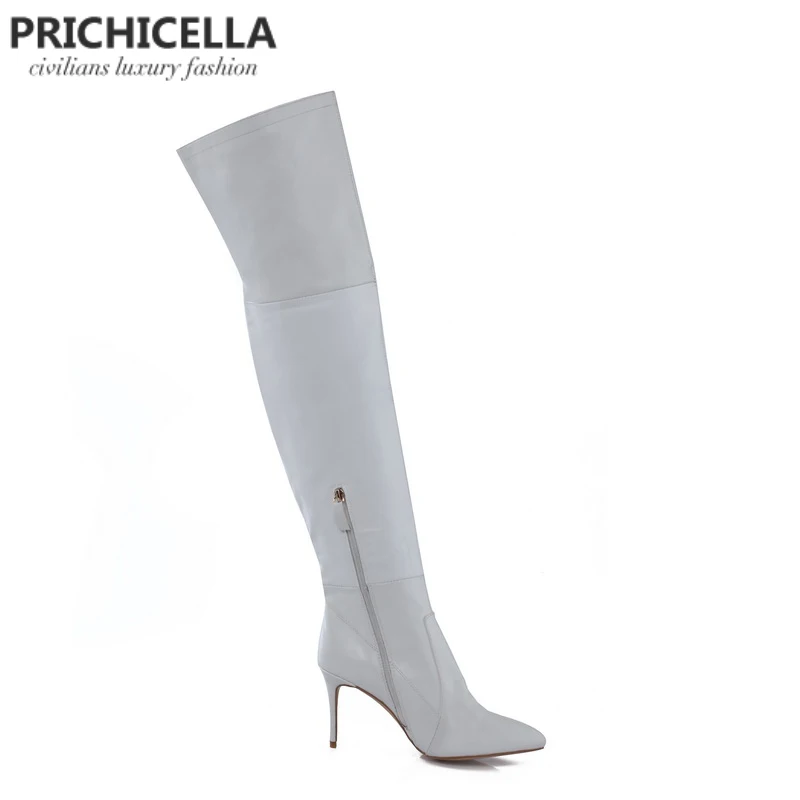 PRICHICELLA 8 см 10 см серый натуральная кожа сапоги выше колена высокие ботинки size34-42