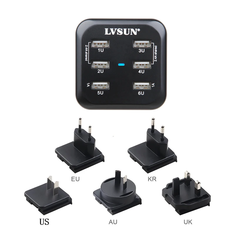 

LVSUN Universal Phone Charger 34W 6 USB Port Wall Charger EU US UK AU KR Plug For iPhone 6 7 8 X XS Samsung Huawei Mobile Phone