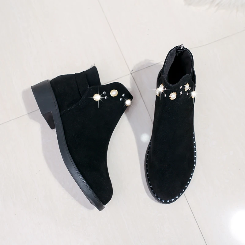 Новинка сезон осень зима Модные женские ботинки ботильоны из флока на каблуке