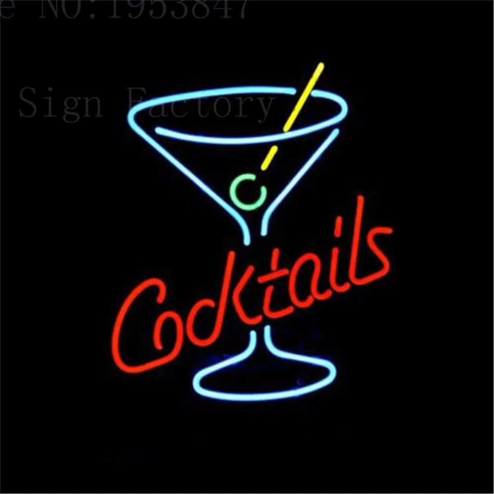 Фото Неоновая вывеска для коктейлей мартини стеклянная с логотипом Настоящее стекло