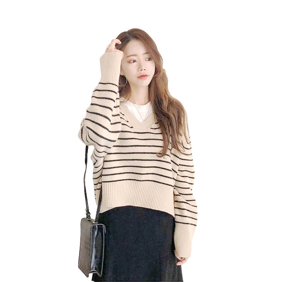 Женский свитер Осенний полосатый с v-образным вырезом 2019 |