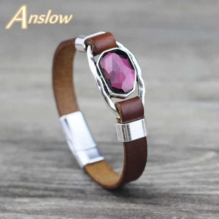 Coffee Purple Бренд Anslow, высокое качество, креативный дизайн, модные ювелирные изделия, кристалл, натуральная кожа, браслет для женщин, леди, женский подарок, LOW0717LB - Окраска металла: Coffee Purple