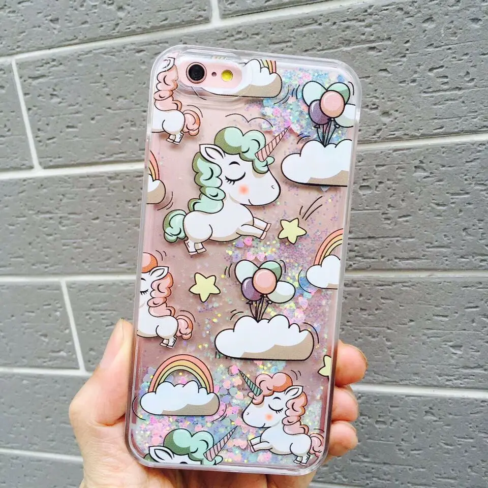 Lovely Cartoon Unicorn Clouds liquid Quicksand Case For iPhone 7 6 6S Plus Hard Animal Phone Cover Back Capa |