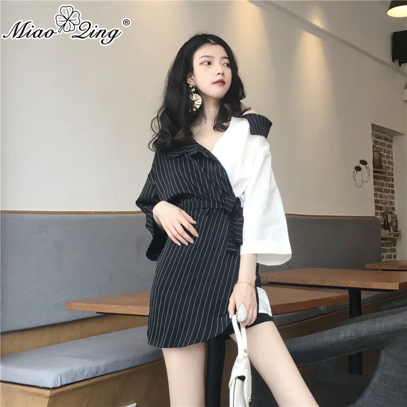 MIAOQING 2018 модные женские топы и блузки в стиле пэчворк полоску с расклешенными