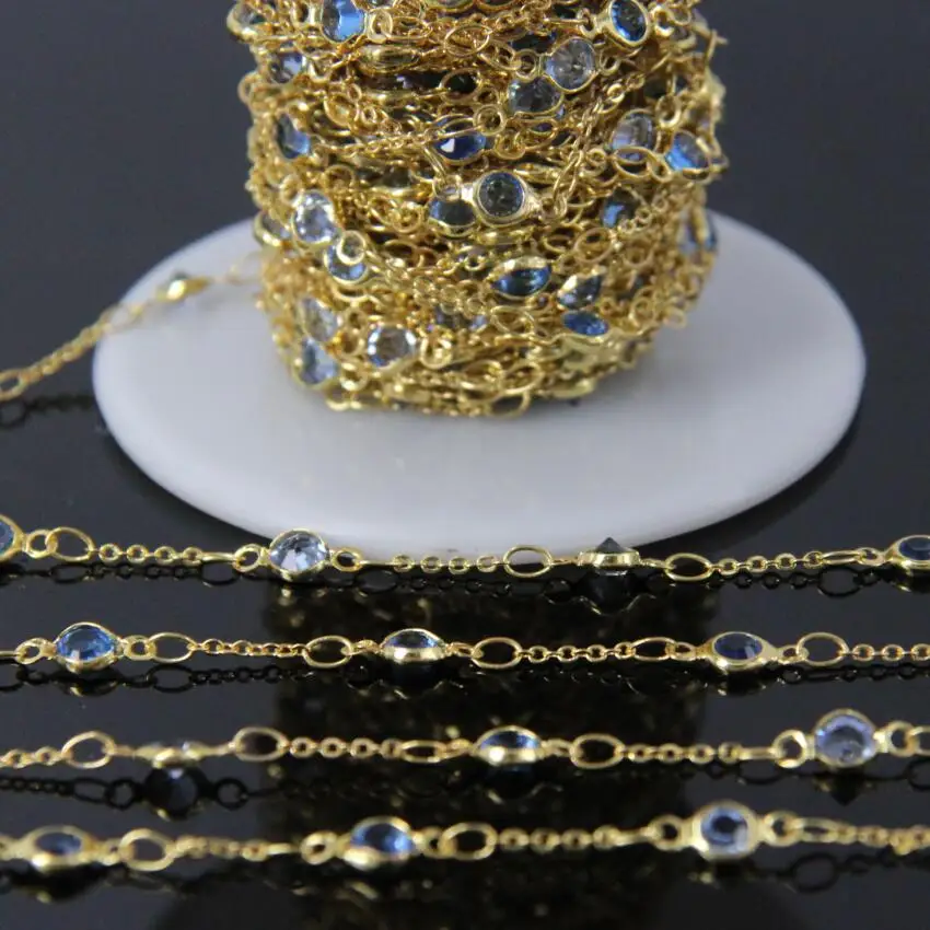 

4mm Blue Crystal Glass Faceted Round Coin Bead Chain,Plating Gold Tone Wire Wrapped Rosary Chain DIY Necklace Jewelry Crafts