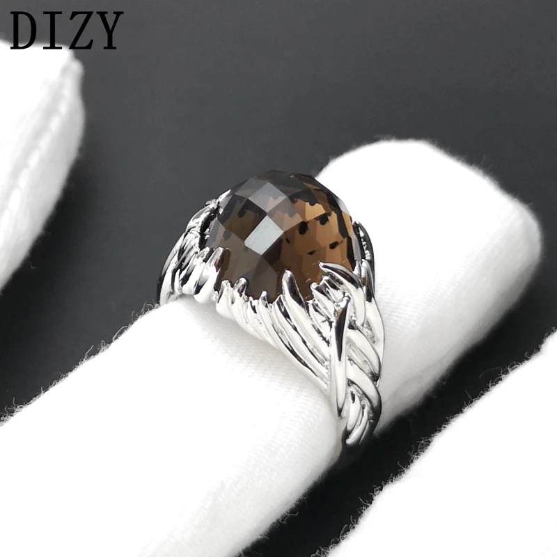 DIZY круглая доска 7.8Ct кольцо с дымчатым кварцем 925 пробы Серебряное кольцо с драгоценным камнем для женщин подарок Свадебные ювелирные изделия, обручальное кольцо