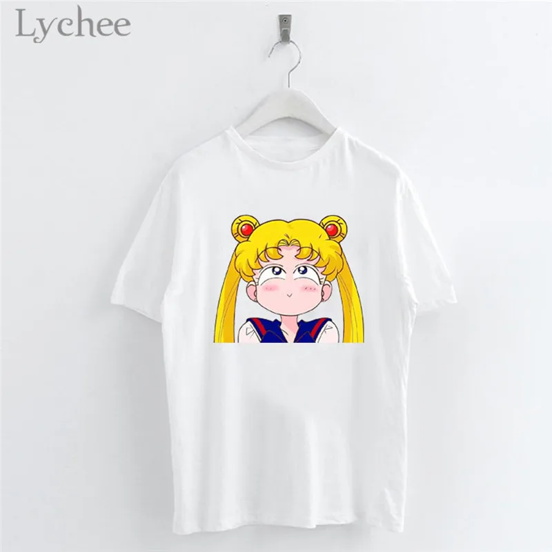 Lychee Harajuku Сейлор Мун мультфильм Печать Женская футболка повседневная с коротким рукавом o-образным вырезом белая футболка женский топ