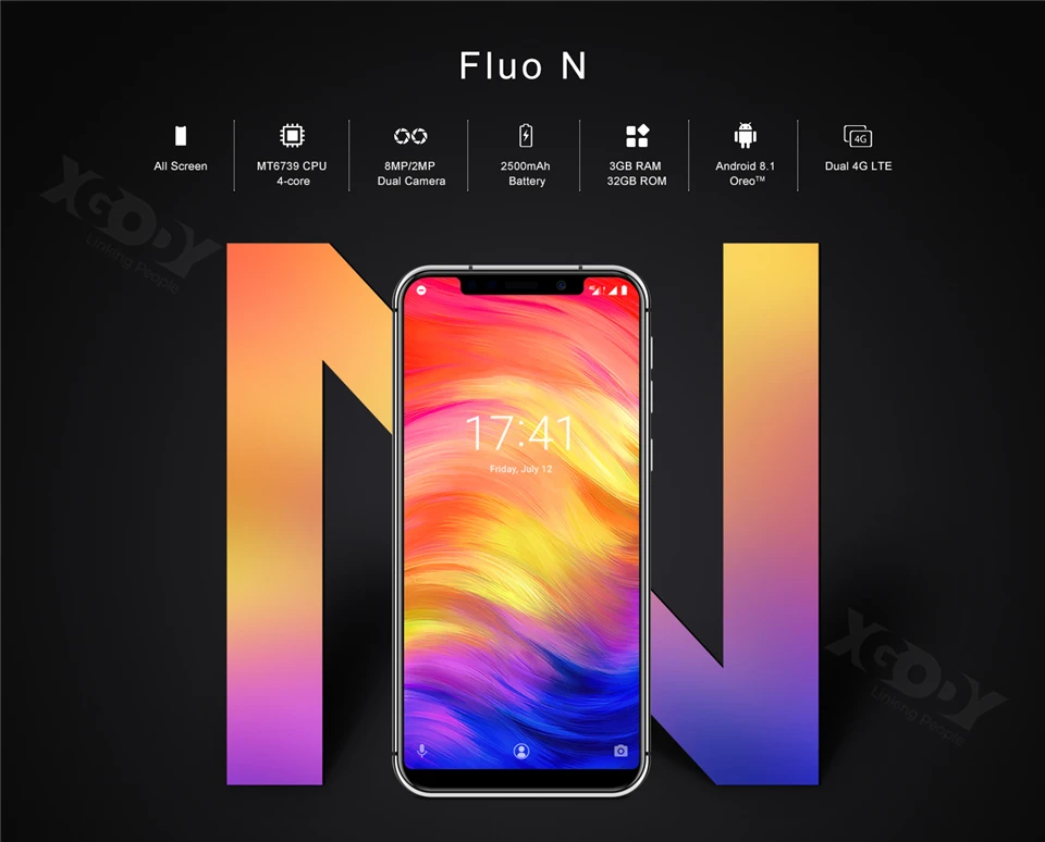 XGODY Dual 4G Sim смартфон Fluo N Face ID 5,7 дюймов 19:9 экран Android 8,1 мобильный телефон 3 ГБ+ 32 ГБ четырехъядерный 8 Мп камера