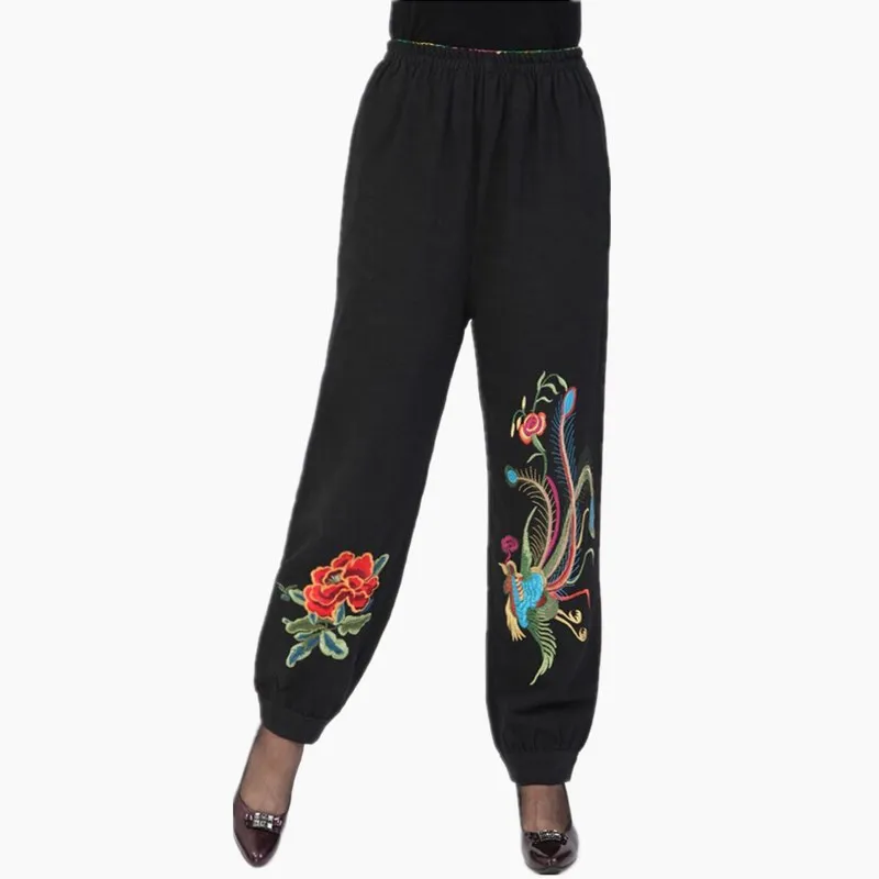 Брюки женские с вышивкой хлопковые шаровары эластичным поясом Длинные