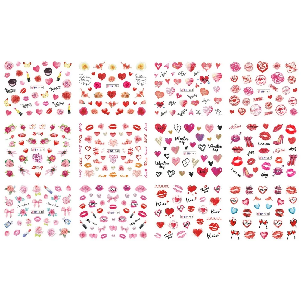 UPRETTEGO 12 упак./лот переводка NAIL ART наклейки для ногтей на День святого Валентина Свадебный поцелуй сердце губы, с цветочным принтом «розы» со стразами BN745-756