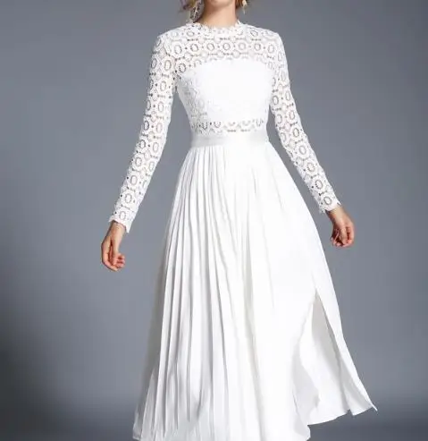 2018 осень Для женщин Кружево лоскутное плиссированные платье макси Vestidos работать