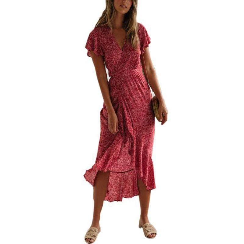 

Summer dress 2019 vintage boho beach V neck wrap dress ruffle casual maxi ladies dresses elegant casual dress A line vestidos