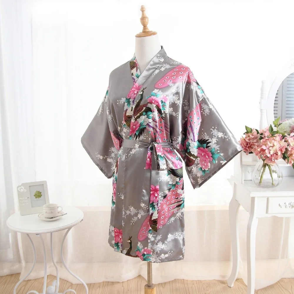 Атласный халат цветочный Короткое Кимоно банный модный для женщин платье