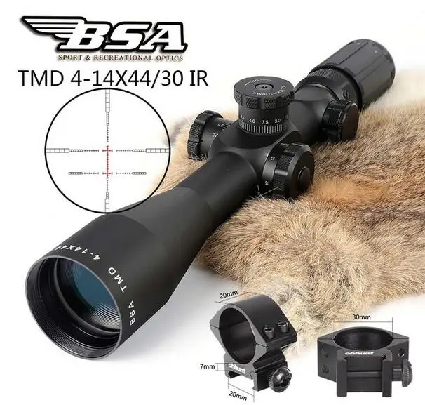 Тактический охотничий прицел BSA TMD 4-14X44E первый фокальный самолет оптический прицел красный зеленый с подсветкой замок винтовки прицелы - Цвет: with Pictinny Rings