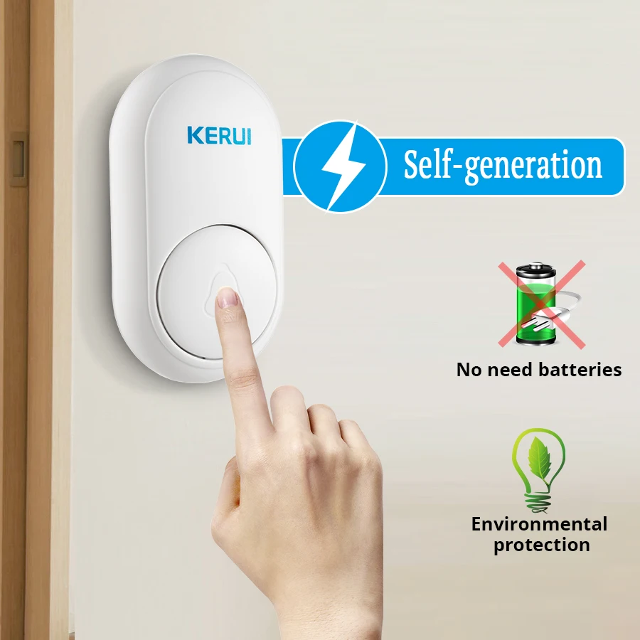 Беспроводной дверной звонок KERUI M518 с самогенерацией энергии, 52 мелодии, умными функциями безопасности, приветственными мелодиями дверного звонка, мини-кнопкой и светодиодным освещением.