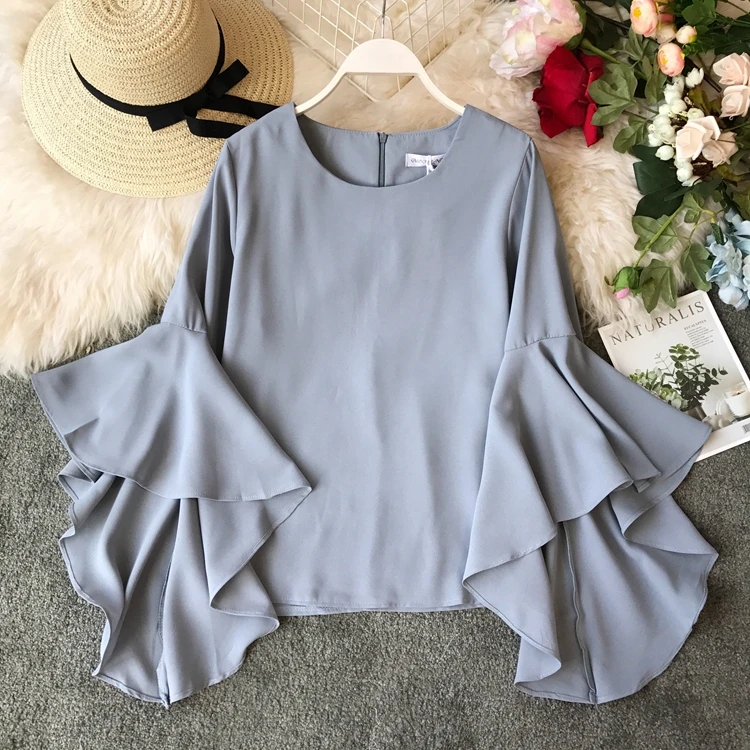 Женская шифоновая блузка Повседневная белая приталенная с рукавами-фонариками