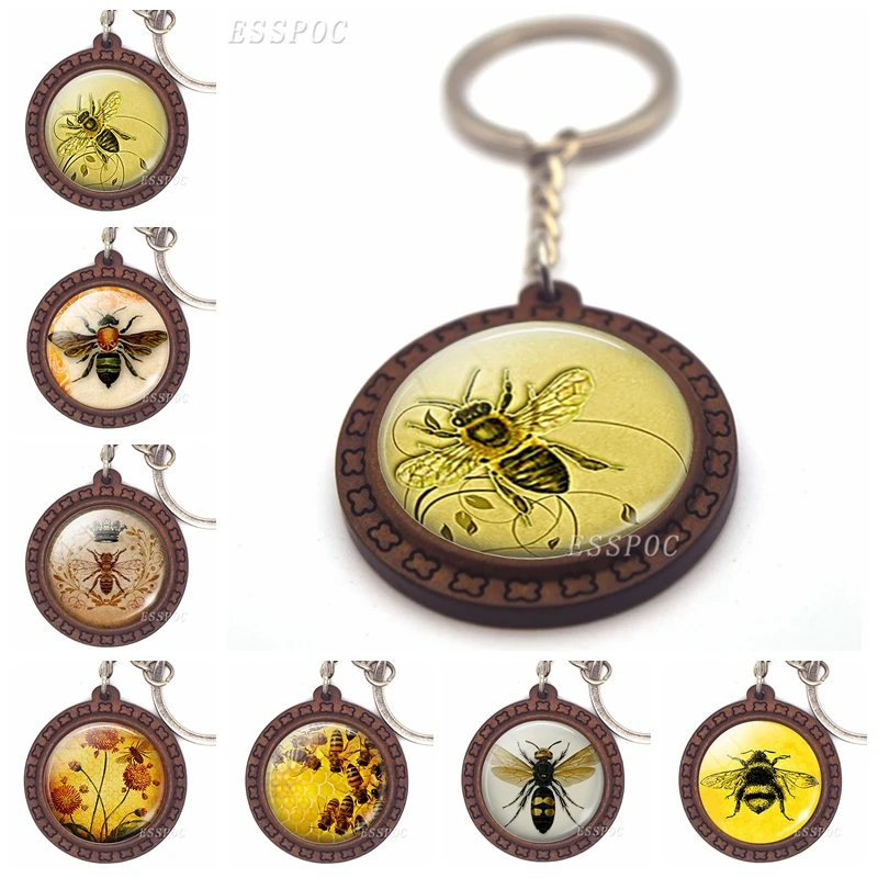 Желтый стеклянный кабошон Honeybee винтажный деревянный брелок Ключи Подвеска