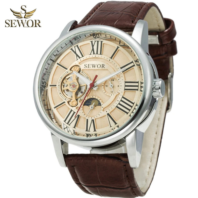 SEWOR люксовый бренд для мужчин s Топ Мода Высокое качество кожаный ремешок Tourbillion автоматические часы для мужчин спортивные часы relogio masculino
