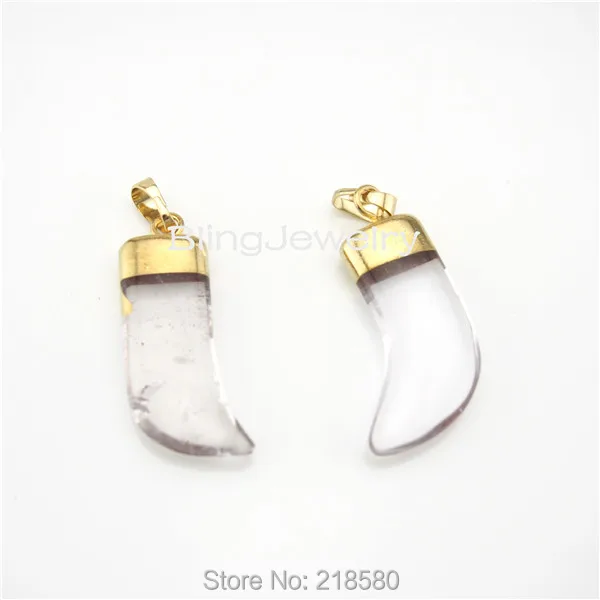 

H-SP578 Healing Crystal Clear Quartz Horn Tusk Pendant in Gold or Silver Plated