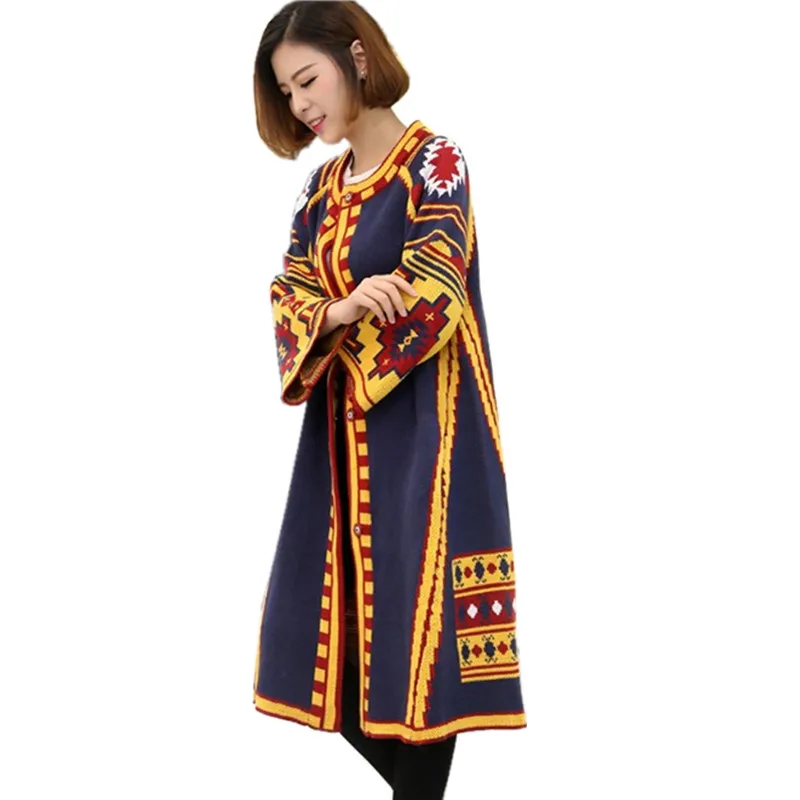 navy blue Женский кардиган, свитер, осенне-зимнее пальто, винтажный этнический геометрический узор, однобортный длинный вязаный кардиган с расклешенными рукавами - Цвет: navy blue