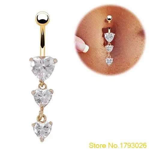 Кольцо для пирсинга живота Золотое кольцо в виде пупка с 3 прозрачными сердечками