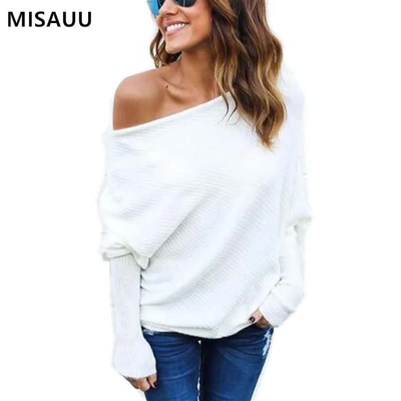 

MISAUU Slash Neck Off Shoulder Sweater Pullover Women Long Sleeve Autumn Winter Knitted Sweater Sexy Jumper Top Pull Femme