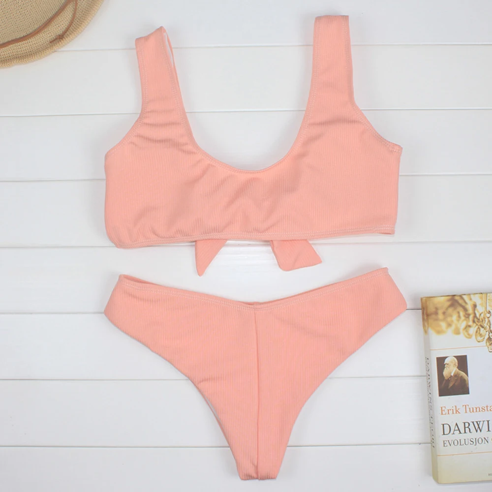 Женский купальник бикини с узлом и подкладкой новинка 2018 однотонный бразильский