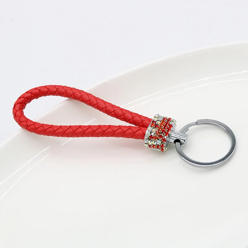Творческий брелок из кожи с кристаллами Rhinestone, связанный в плетеную шнурок, женский брелок для сумки, металлические брелки для ключей, кольца для талии для мужчин, оптовая продажа.