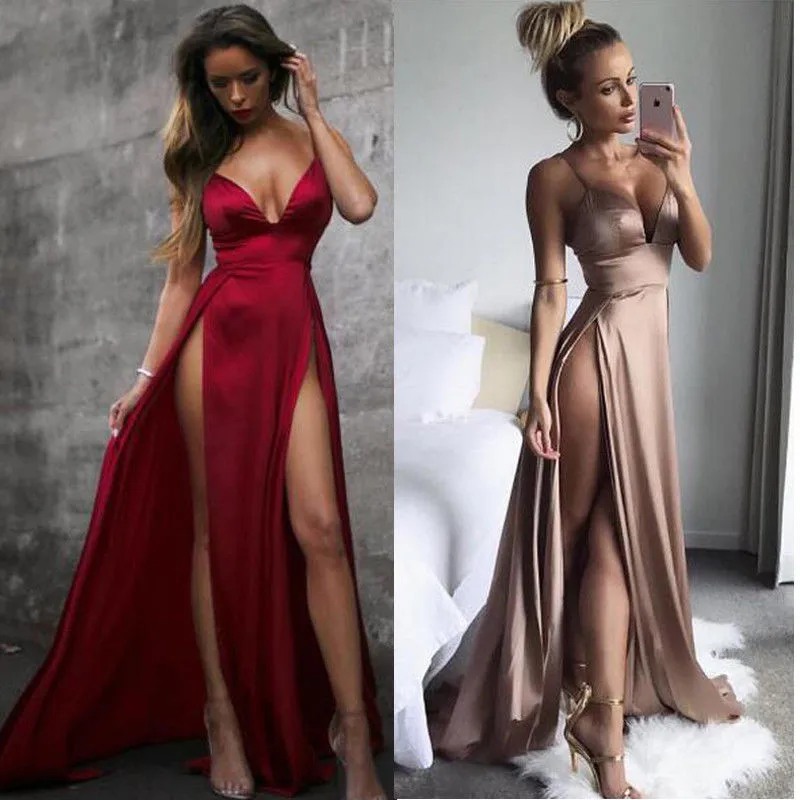 

Сексуальное летнее платье Vestidos с V-образным вырезом Вечерние Длинное платье для выпускного вечера, коктейльное платье макси на бретелях-спа...