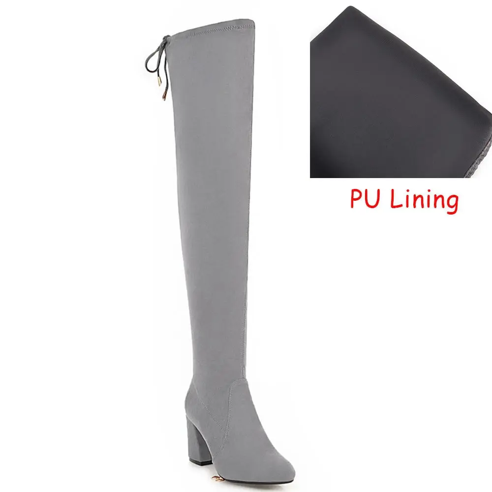 PU inside gray Lasyarrow/большой размер 47, 48, женская обувь осенне-зимние женские ботфорты до бедра на толстом высоком каблуке со шнуровкой - Цвет: PU inside gray