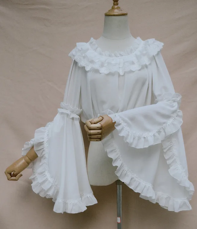 PYJTRL сладкий Лолита длинный расклешенный рукав шифоновый топ Blusas одно слово воротник кружево Белый кимоно рубашка блузка для женщин