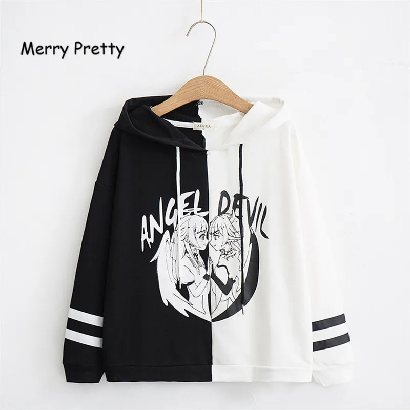 Merry Pretty Kawaii женские толстовки с капюшоном с длинным рукавом, милые лоскутные милые толстовки для девочек, женские пуловеры - Цвет: Черный