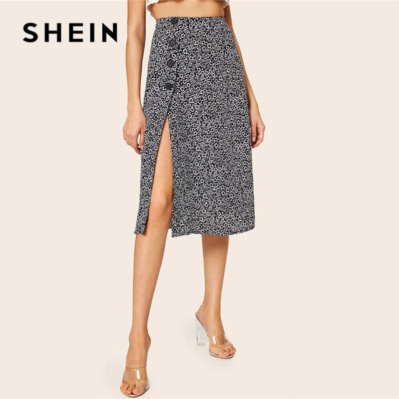 SHEIN, юбка с цветочным принтом и пуговицами, с разрезом по бокам, с высокой талией, для девушек, весна-лето, трапециевидная юбка миди, бохо, черная и белая, Женская юбка