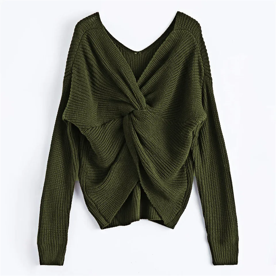 Autumn Winter Women Jumpers 2019 Sexy V Neck Twisted Back Sweater Female Long Sleeve Pullovers Knitted Loose Ladies Tops | Женская