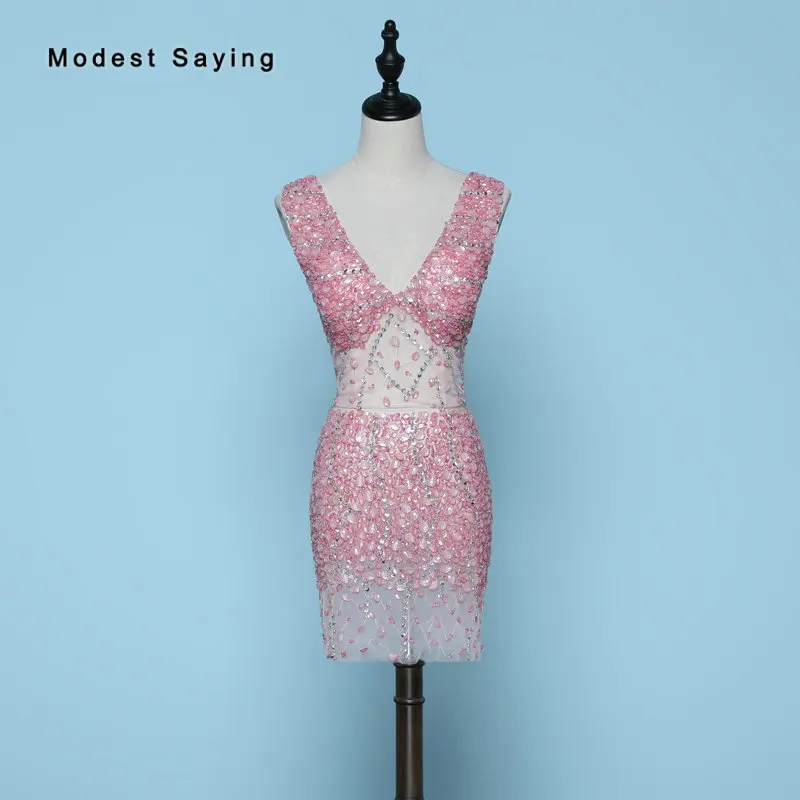 

Real Sexy Luxury Party Dresses Sheer Diamond Rhinestone Beaded Mini Cocktail Dresses 2018 Pink V Neck Short 2 Pieces Prom Gowns