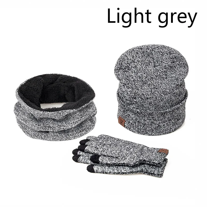 IWINTER 3 Pieces Комплект женщин Зимняя шляпа и перчатки наборы Хлопок Unisex Hat Шарф перчатки Установить твердой шляпы и шарф для женщин Мужчины - Цвет: Grey