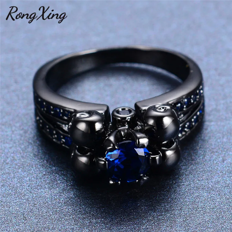 RongXing Круглый Белый огненный опал кольца с черепом для женщин черное золото заполнены фиолетовый/красный/синий/зеленый циркониевый камень кольцо в стиле панк; бижутерия
