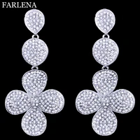 brand design fashion clear crystal rhinestone flower dangle earrings long wedding earrings for women