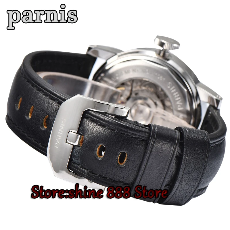 Мужские часы PARNIS Power Reseerve с роскошным сапфировым стеклом из натуральной кожи ST2530