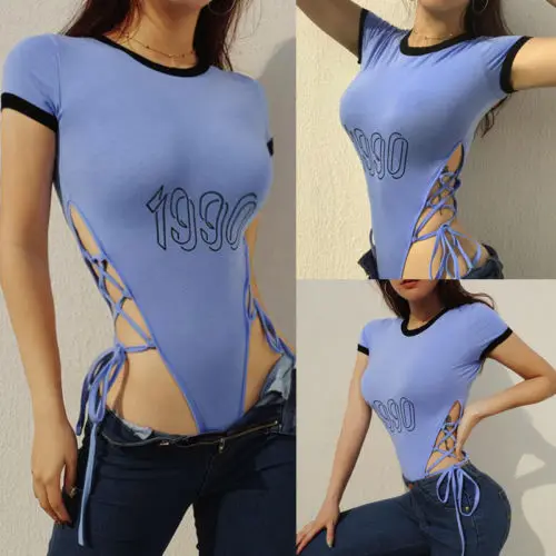 Женское боди купальник с коротким рукавом Облегающий комбинезон топы разрезом