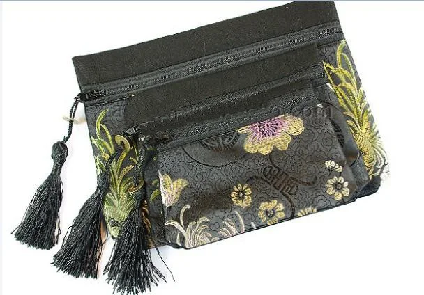Silk Brocade Large Zipper 3 Sets Bag Travel Jewelry Cosmetic Storage Pouch Tassel Coin Purse Cloth Craft Packaging Makeup Wallet | Украшения