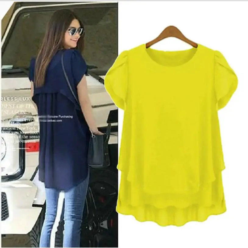 2017 Summer Large Size Women New European Style Fashion Womens Shirt Loose Fake Two Solid Chiffon Tops Casual Plus M-6XL |