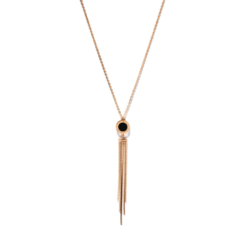 

YUN RUO Rose Gold Color Fashion Double Sides Roman Numerals Tassel Pendant Necklace Titanium Steel Jewelry Woman Gift Never Fade